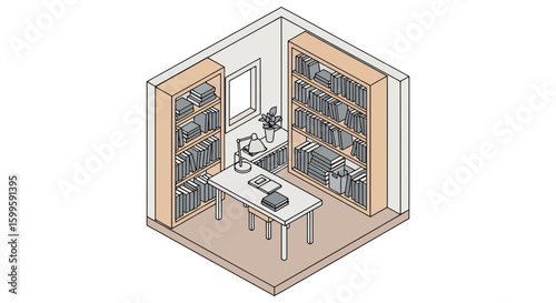 isometric office with bookshelves and desk arrangement