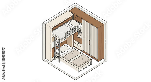 isometric view of a kids' bedroom with bunk beds and wardrobe