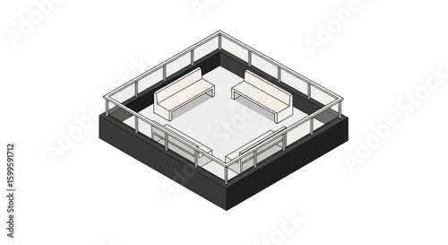 isometric view of a modern rooftop terrace with seating area and glass railing