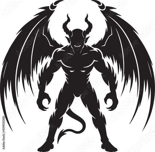 Black winged demon silhouette with horns and sharp teeth devil wings