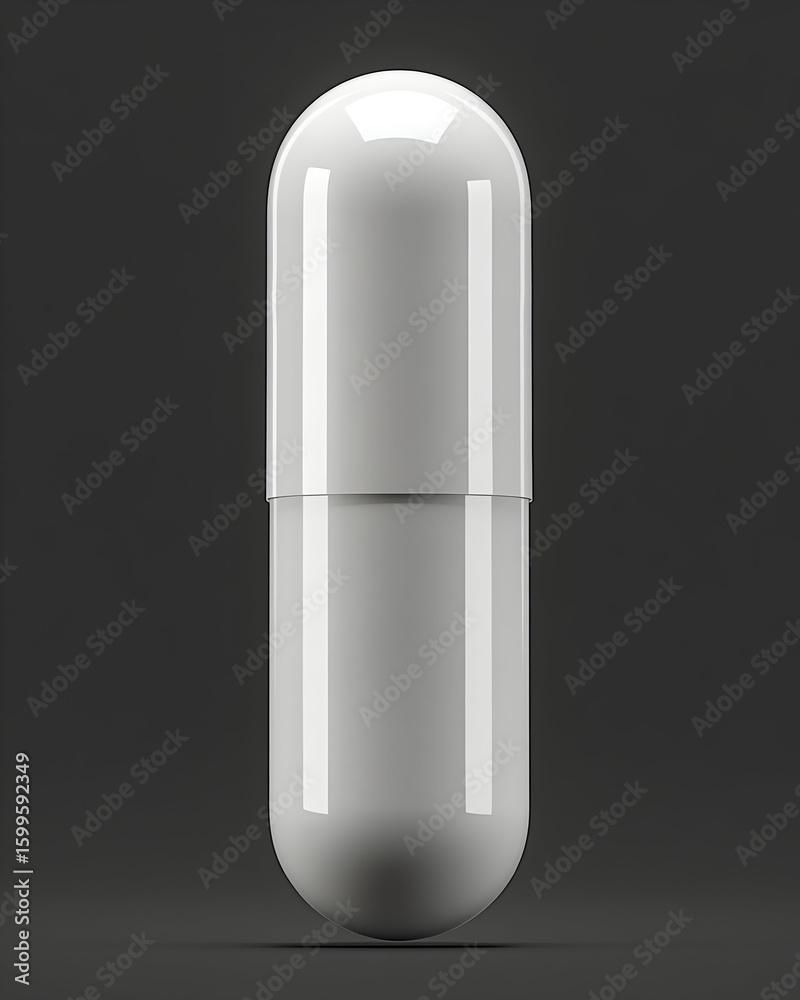 A single white capsule on a dark gray background. A single white capsule on a dark gray background.