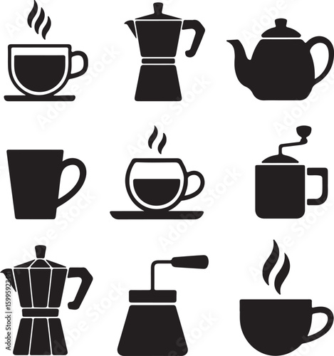 Coffee cups moka pots and teapot silhouettes steam