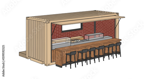 modern cafe counter with seating and brick wall background