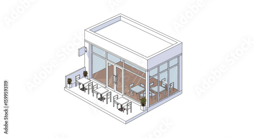 modern small cafe with outdoor seating and large glass windows