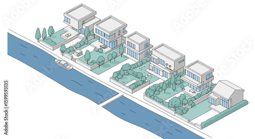 modern residential buildings with gardens and waterfront