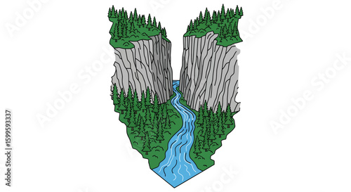 mountain landscape with river and pine trees in a canyon