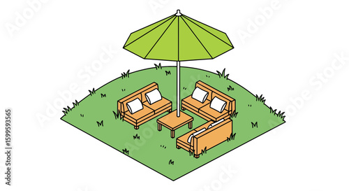 outdoor seating area with sofas and umbrella on grass