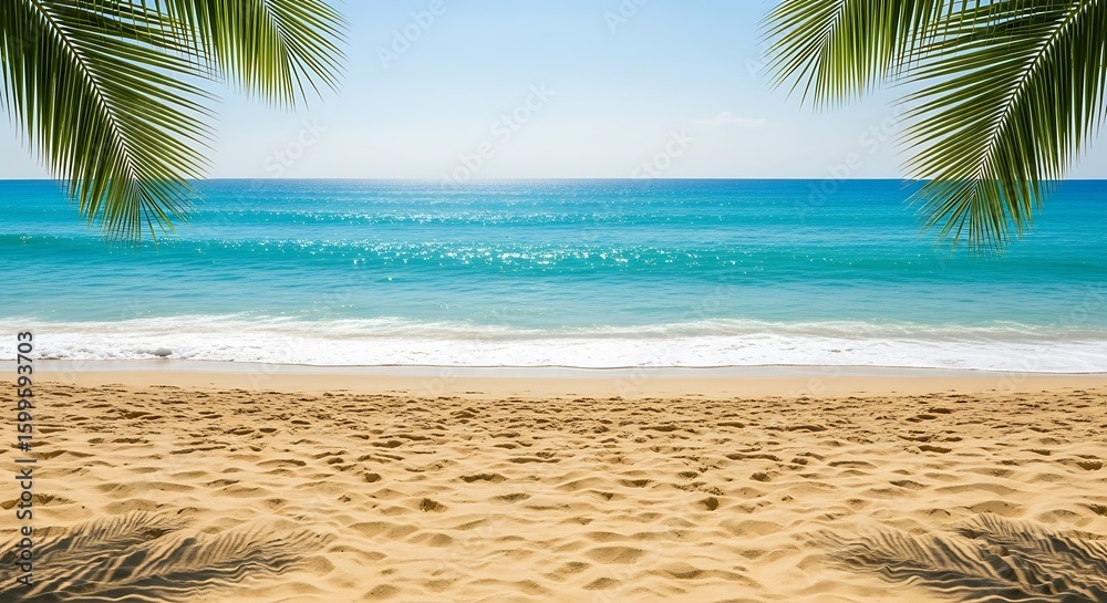 Obraz premium Tropical paradise beach with palm leaves framing the turquoise ocean and sandy shore