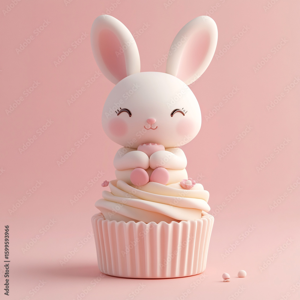 Fototapeta premium Adorable Kawaii Bunny Sitting on Cupcake in Soft Pink Pastel Colors with Cute Expression