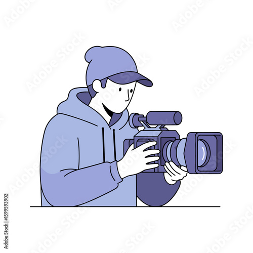 A focused videographer in a blue hoodie and cap operating a professional video camera for a film shoot. Vector illustration of a cameraman.