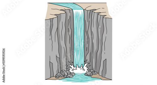 Waterfall flowing through rocky cliffs in nature setting