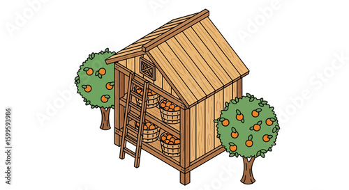 wooden fruit storage shed with apple trees for garden use