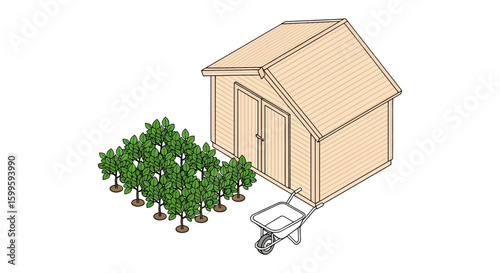 Wooden garden shed with surrounding plants and wheelbarrow