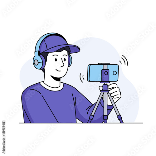 Young male vlogger with headphones live streaming, creating engaging video content with a smartphone on a tripod for his online channel