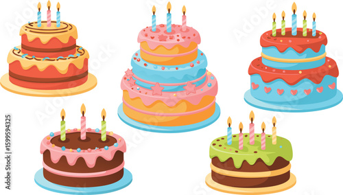 Assorted Birthday Cakes with Burning Candles Colorful, Layered, Festive Dessert Collection