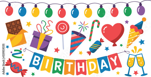 Birthday Celebration Garland, Gifts, Sweets, Party Favors, and Toasting Champagne Glasses Illustration