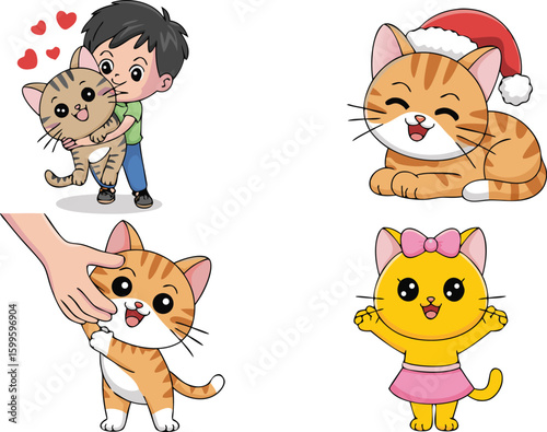 Cartoon Compilation Boy with Cat, Christmas Kitten, Hand Patting, and Kitty in Skirt