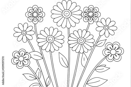 Simple Flower Garden Outline Illustration with Button Centers for Coloring Books and Educational Resources for Children