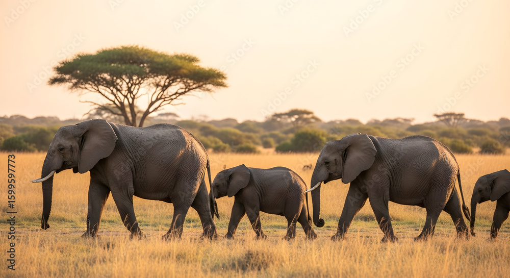 Fototapeta premium Family of elephants walking through a grassy field at sunset in the African savanna