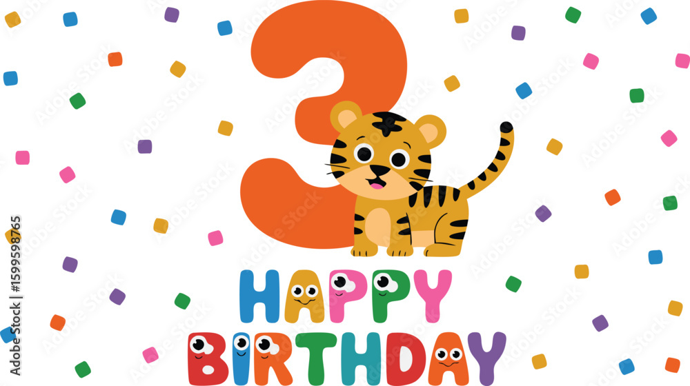 Naklejka premium Cartoon Tiger Cub Celebrating 3rd Birthday with Colorful Confetti and Cute Animated Lettering for Kids