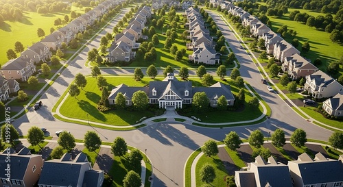 Aerial View of Suburban Neighborhood with Clubhouse