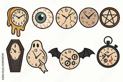 Set of spooky clocks flat Halloween vector icons