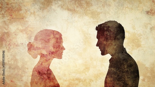 Silhouette of a man and a woman facing each other against a textured, aged background.