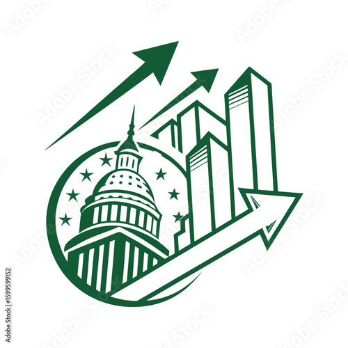 Green logo with Capitol building, city, and arrows. Symbolizes financial, political, or urban growth and success. Isolated vector icon.
