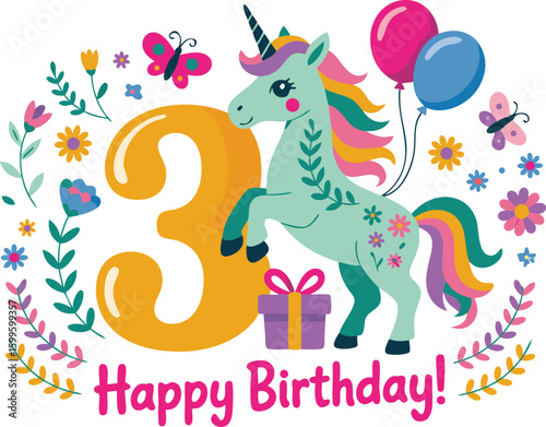 Cheerful Third Birthday Illustration with Unicorn, Balloons, Butterflies, Floral Elements and Happy Birthday Message