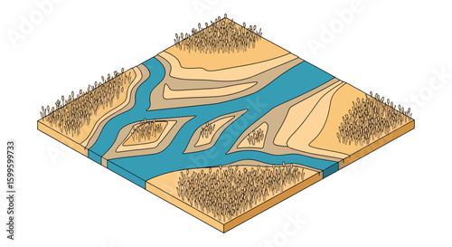 3d map with river and terrain features for geographical display