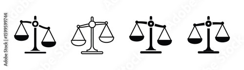 Vector art of four scales of justice icons are displayed each slightly unbalanced representing different legal perspectives