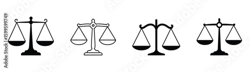 Vector art of four scales of justice icons are displayed in a row representing different styles and interpretations of law