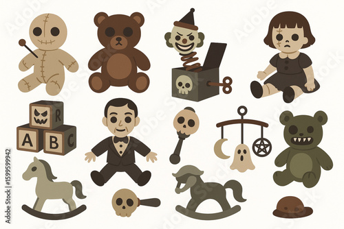 Set of haunted Halloween toys in flat design vector illustration