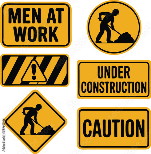 Collection of Yellow Construction Signs Featuring Men at Work, Under Construction, and Caution