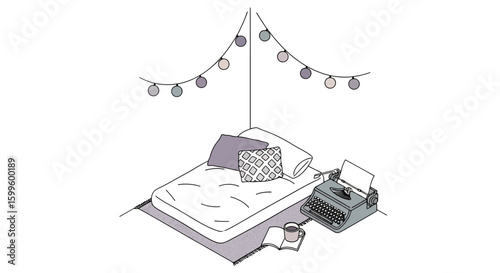 cozy bedroom with bed typewriter and pillows for relaxation or creative work