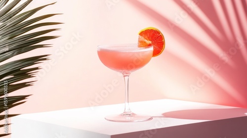Pink cocktail with grapefruit garnish on a white surface.