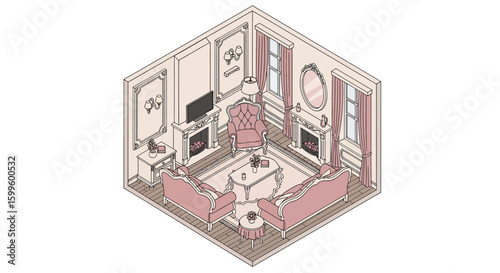 Elegant vintage living room with pink furniture and classic decor