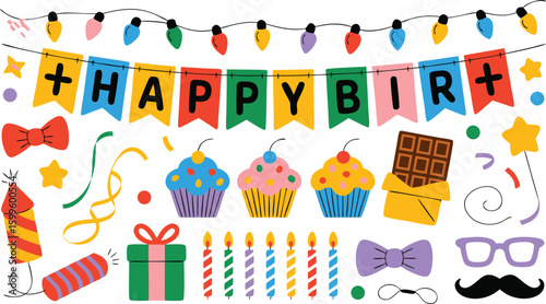 Colorful Birthday Party Clipart Set with Cupcakes, Presents, Garland, and Novelty Items