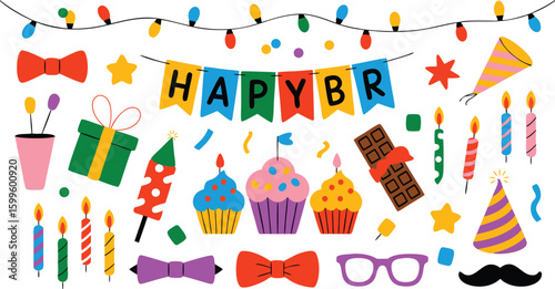 Colorful Cartoon Birthday Celebration Featuring Cupcakes, Presents, Party Hats, and Happy Birthday Banner