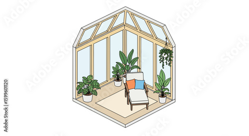 Interior of a glass conservatory with plants and a lounge chair