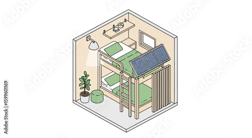 interior room with bunk beds and solar panels for sustainable living