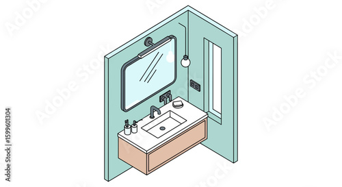 isometric bathroom sink with mirror and lighting