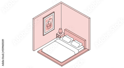 Isometric bedroom interior with bed nightstand and artwork