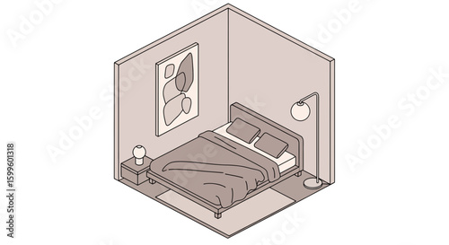 isometric bedroom scene with bed side table and wall art