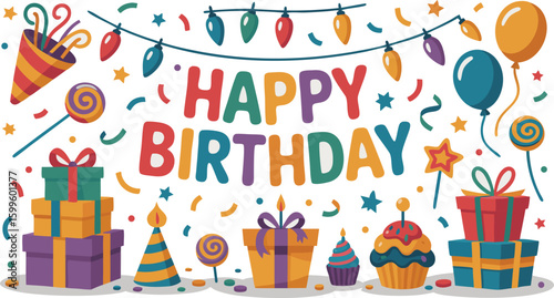 Colorful Cartoon Happy Birthday Design with Presents, Party Favors, Balloons and Confetti Elements