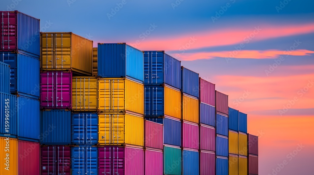Fototapeta premium Stack of colorful shipping containers against a vibrant sunset sky.