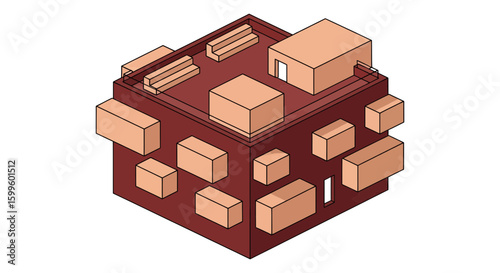 isometric building with various rooms and structures for architectural visualization