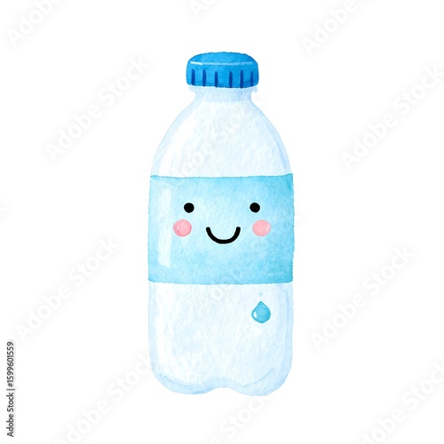 Cute Water Bottle Character with Smiling Face and Blue Lid