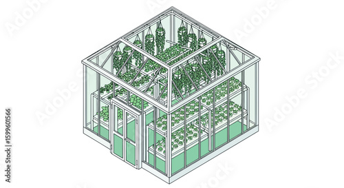 isometric greenhouse with plants and hanging pots