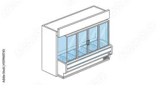 isometric view of a glass display refrigerator with shelves